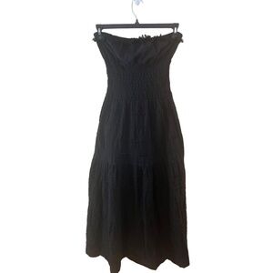 Cotton Natural Black Maxi Length Smocked Bodice Strapless Dress Size M